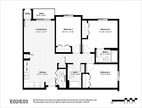 Floor plan for 3 beds, 2 baths, 1047 sqft